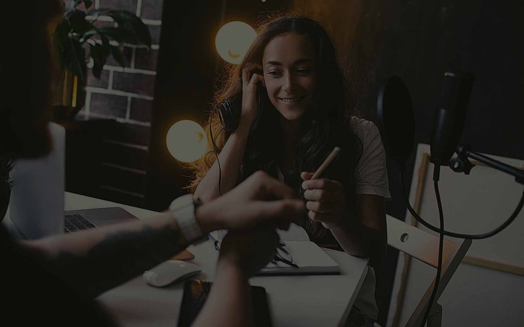 brunette woman journalist at studio
